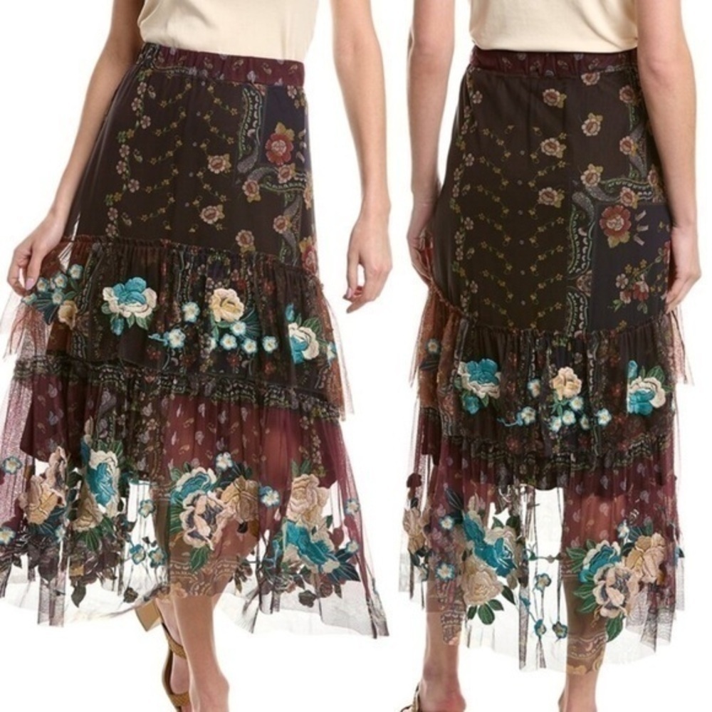 Johnny Was Biya heavily embroidered Cambrie Tiered Lined Skirt NWT